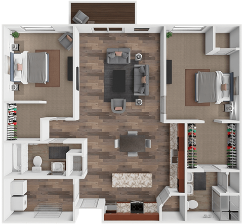 A 3D rendered image of a modern apartment layout.
