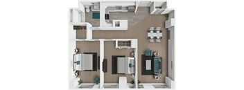 A 3D floor plan of a house with a kitchen, living room, dining room, and bathrooms.