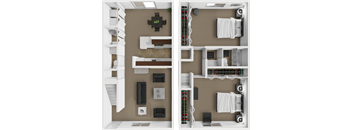 A top-down view of a two-story apartment with a staircase on the left and a bathroom on the right.