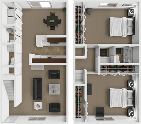 A top-down view of a two-story apartment with a staircase on the left and a bathroom on the right.