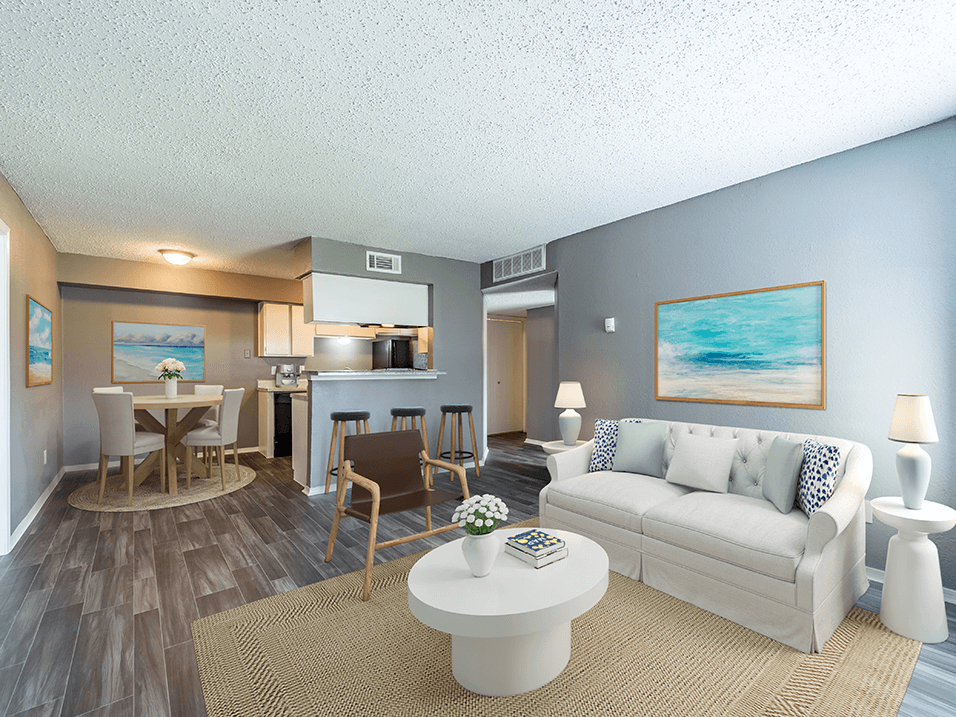 natural lit living room with built in bookcase