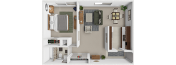 A 1 bedroom apartment floor plan at Tanglewood Apartments.