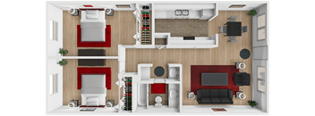 A 3D rendered image of a modern living room and kitchen.
