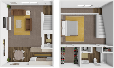 two layouts of a house with a bedroom and a living room