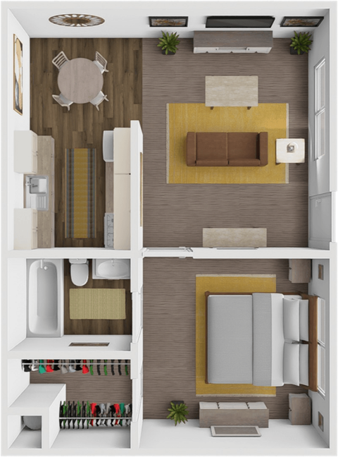 a 3d rendering of a bedroom with a living room and a dining room
