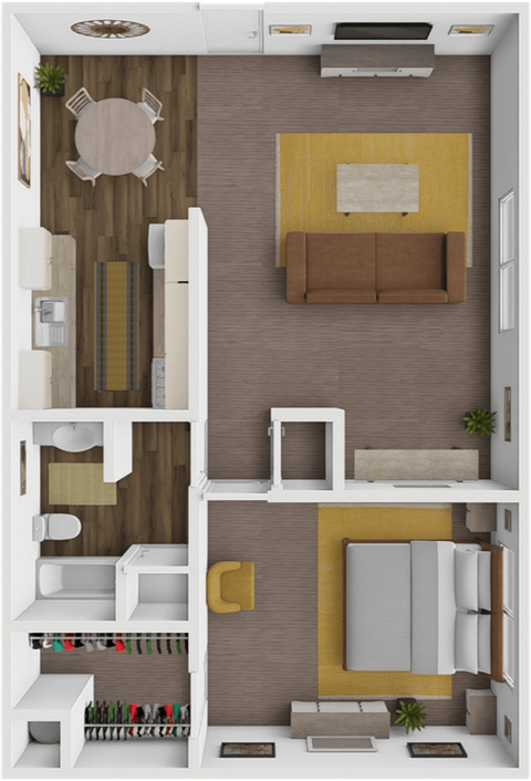 a 3d rendering of a bedroom with a bathroom and a living room