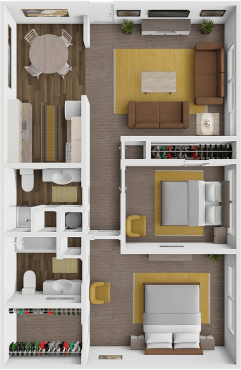 a 3d rendering of the interior of a house with a bedroom and living room