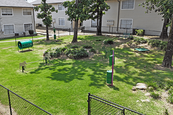 A green lawn with a playground and a fence.