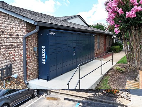 A blue Amazon garage door is closed.