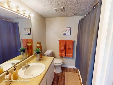 A bathroom with a toilet, sink, and mirror.