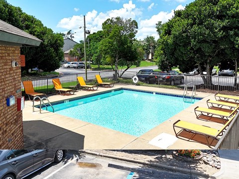A pool with yellow chairs and a black car in the background.