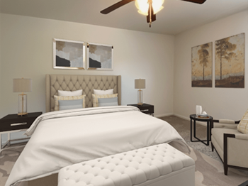 Bedroom with overhead light and fan at brickyard apartments - Photo Gallery 2