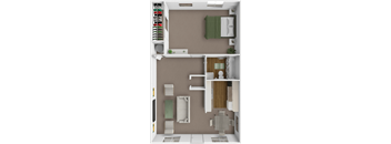 A 3D rendered image of a small apartment layout.