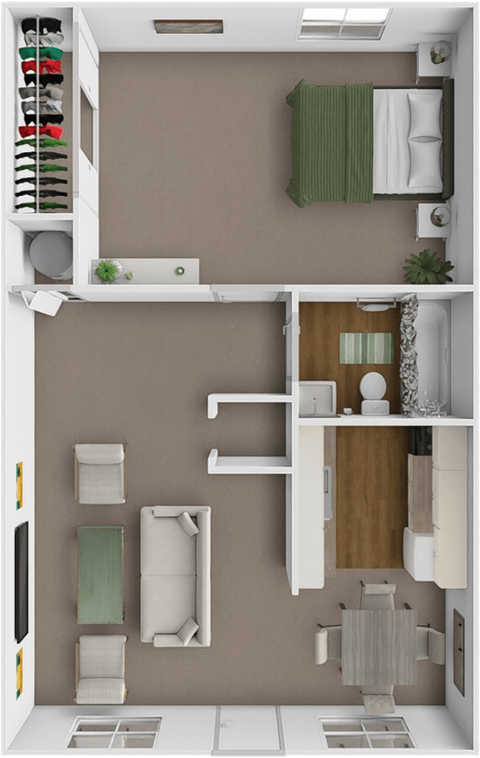 A 3D rendered image of a small apartment layout.