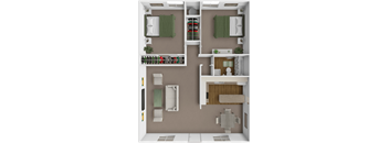 A 3D floor plan of a small apartment with a kitchen, living room, and two bedrooms.