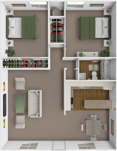 A 3D floor plan of a small apartment with a kitchen, living room, and two bedrooms.