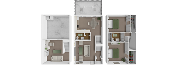 A 3D floor plan of a house with three different layouts.