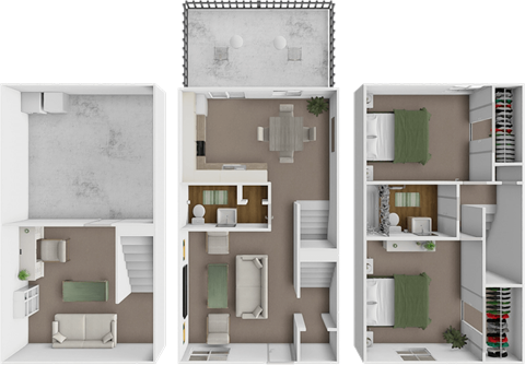 A 3D floor plan of a house with three different layouts.