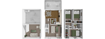 A 3D floor plan of a house with a living room, kitchen, and bedrooms.