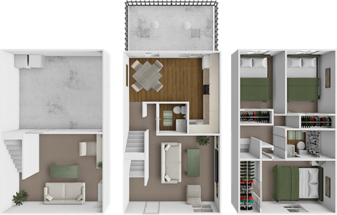 A 3D floor plan of a house with a living room, kitchen, and bedrooms.