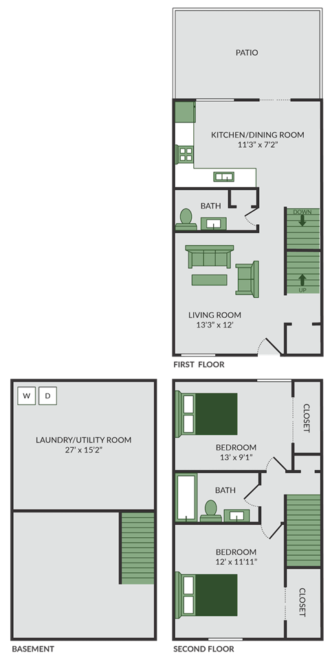 2 bedroom townhome floor plan at the brookeville apartments