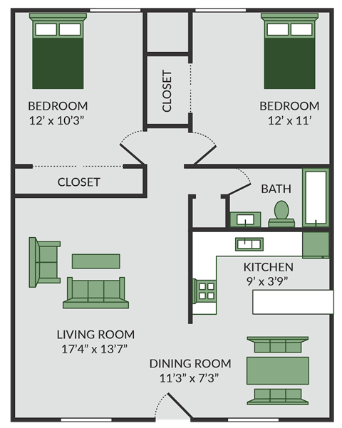 2 bedroom floor plan at the brookeville apartments