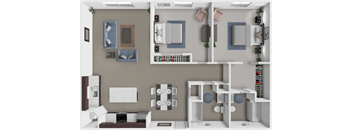 A 3D rendered image of a modern apartment layout.