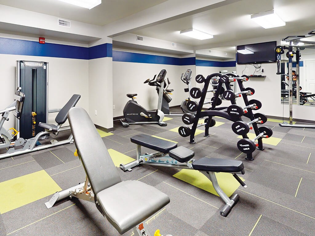 Exercise equipment including a variety of weights and machines at The Chateau Apartments.