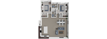 A 3D floor plan of a house showing a living room, kitchen, and two bedrooms.
