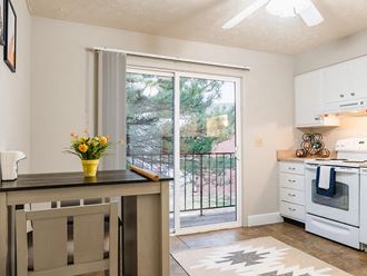 a kitchen with a door that leads to a balcony - Photo Gallery