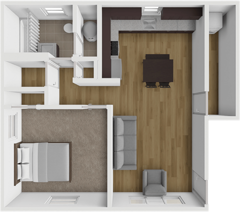 a 3d rendering of a living room and dining room with wood flooring