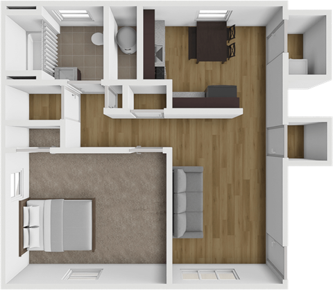a 3d drawing of the interior of a house with a kitchen and living room