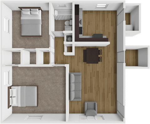 an overhead view of a room with a bedroom and a living room