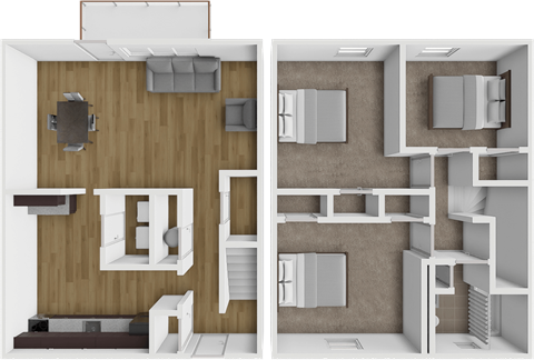a split image of a bedroom and a living room with a wood floor