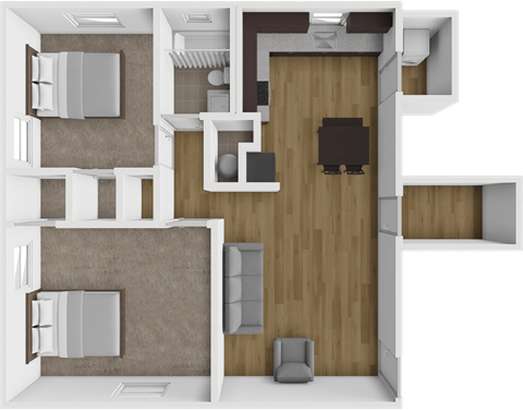 a 3d drawing of the interior of a house with a bedroom and a living