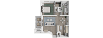 A 3D rendered image of a modern apartment layout.