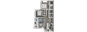 a 3d rendering of a furnished floor plan with a bedroom and a bathroom