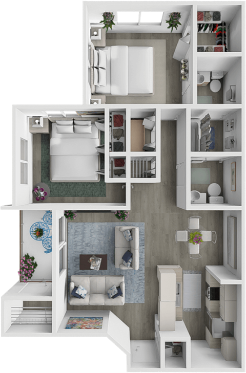 a 3d rendering of a furnished floor plan with a bedroom and a bathroom