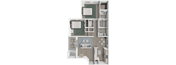 A 3D rendered image of a small apartment layout.