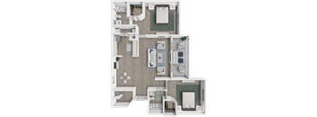 A 3D floor plan of a house with multiple rooms and furniture.