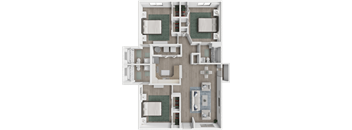 A 3D floor plan of a house with multiple rooms and furniture.