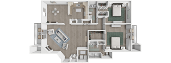 A 3D floor plan of a house with multiple rooms and furniture.