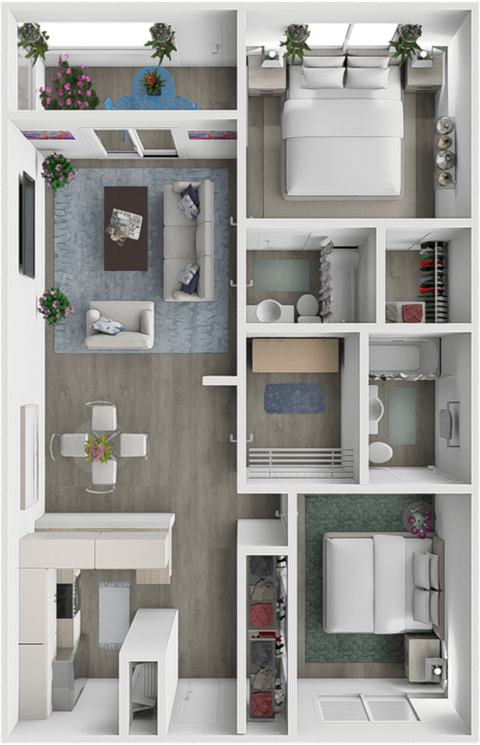 a 3d rendering of a 1 bedroom apartment with a bathroom and a living room