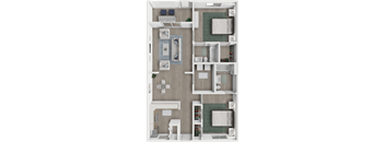 A top-down view of a small apartment with a kitchen, living room, and bathroom.