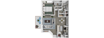 a 3d rendering of a floor plan with a bedroom and living room
