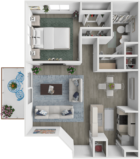 a 3d rendering of a floor plan with a bedroom and living room