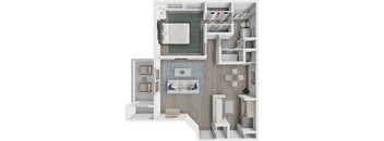 A 3D floor plan of a small apartment with a kitchen, living room, and bedroom.