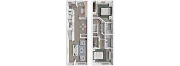 A floor plan of a two-story apartment with a living room, kitchen, and bathroom on the first floor, and a bedroom on the second floor.