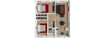 A top-down view of a living room with a couch, a chair, and a coffee table.