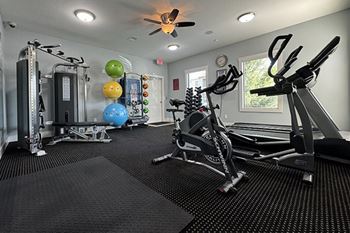A gym with a treadmill, weights, and exercise balls.
